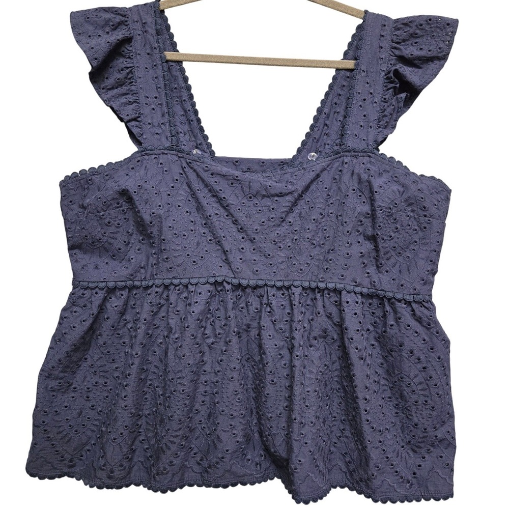 Belle Isle by Torrid Eyelet Peplum Top Womens 2 Navy Blue Ruffle Strap Smocked